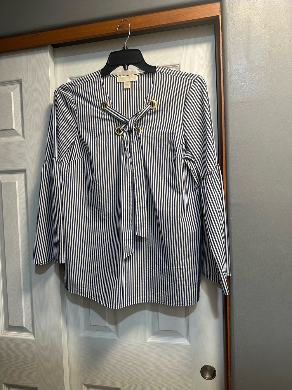 Michael Kors Navy and White Striped Lace-Up Blouse